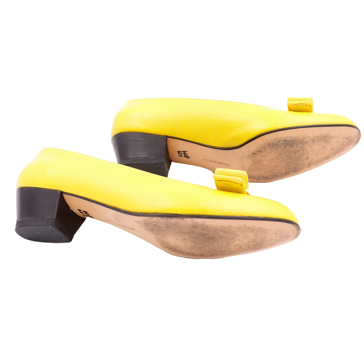 1980s Salvatore Ferragamo Yellow Snakeskin Embossed Leather Bow Shoes