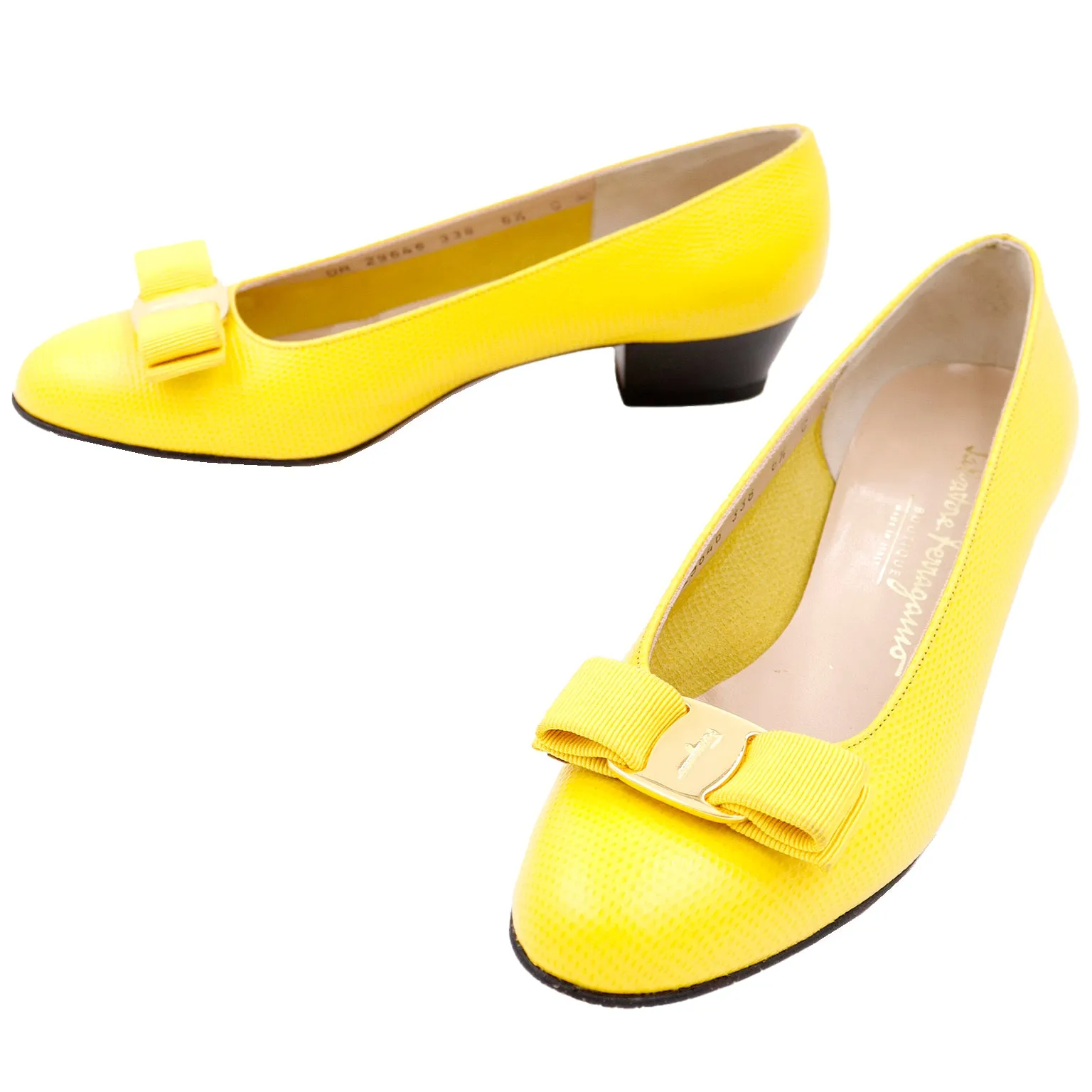 1980s Salvatore Ferragamo Yellow Snakeskin Embossed Leather Bow Shoes