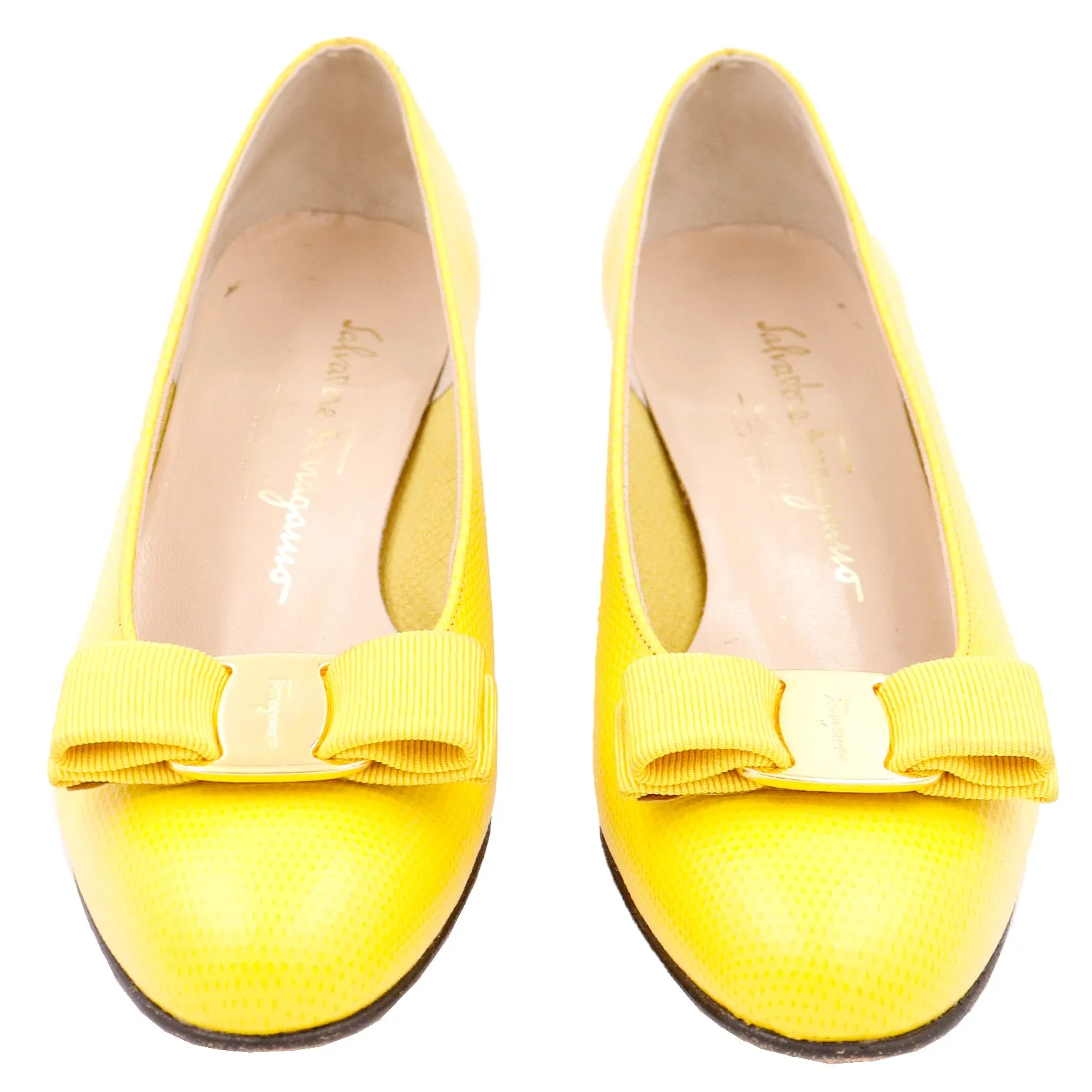 1980s Salvatore Ferragamo Yellow Snakeskin Embossed Leather Bow Shoes