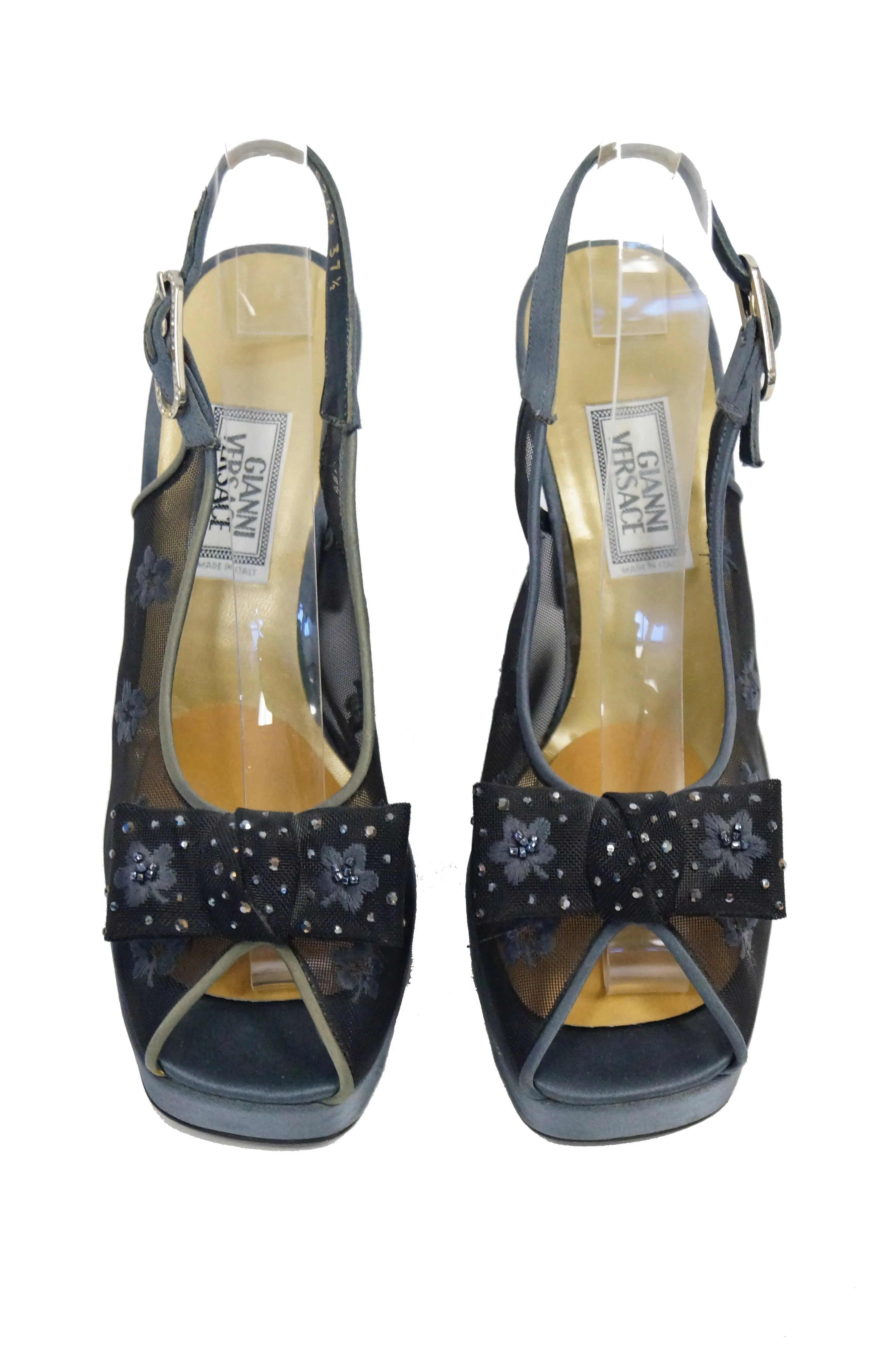 1990s Versace Slate Blue Italian Satin Peep Toe Floral Sequin Heels