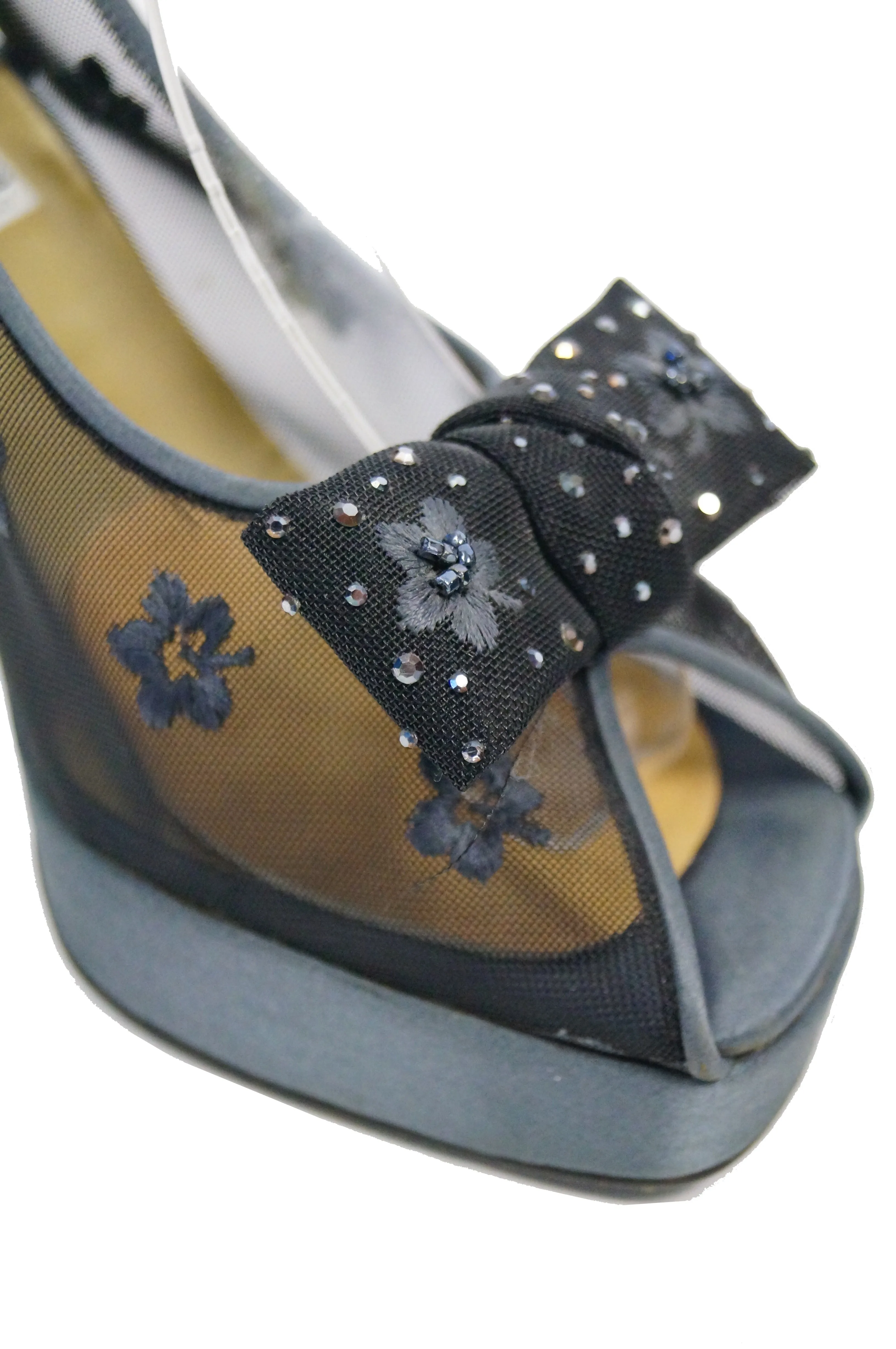 1990s Versace Slate Blue Italian Satin Peep Toe Floral Sequin Heels