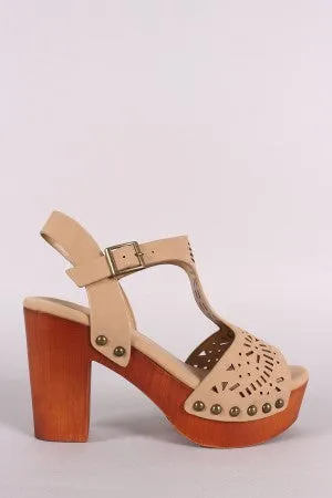 Bamboo Nubuck Laser Cut-Out Wooden Chunky Platform Heel