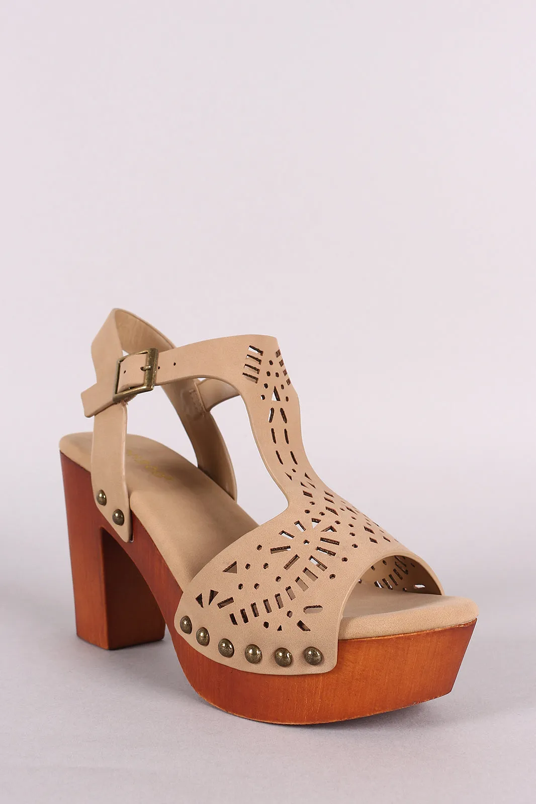 Bamboo Nubuck Laser Cut-Out Wooden Chunky Platform Heel