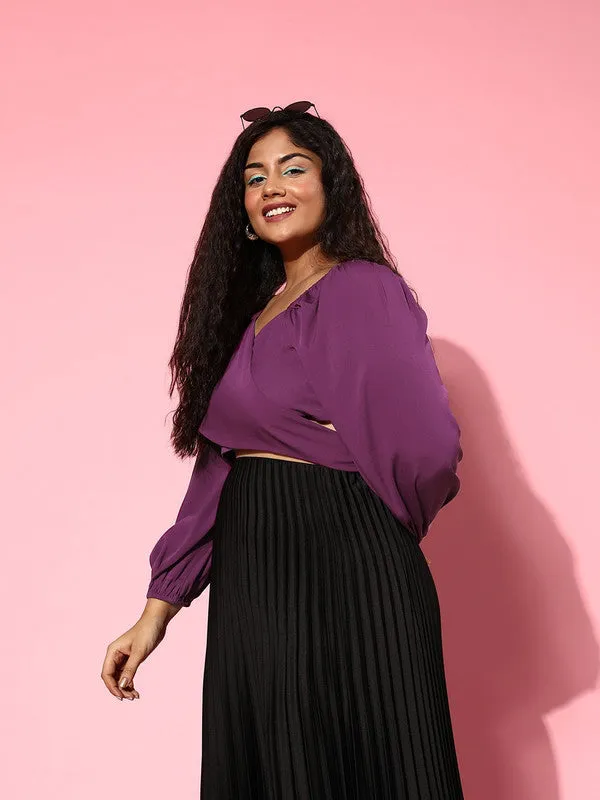 Berrylush Women Plus Size Solid Purple Sweetheart Neck Waist Tie-Up Crepe Cropped Blouson Top