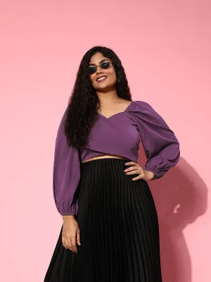 Berrylush Women Plus Size Solid Purple Sweetheart Neck Waist Tie-Up Crepe Cropped Blouson Top