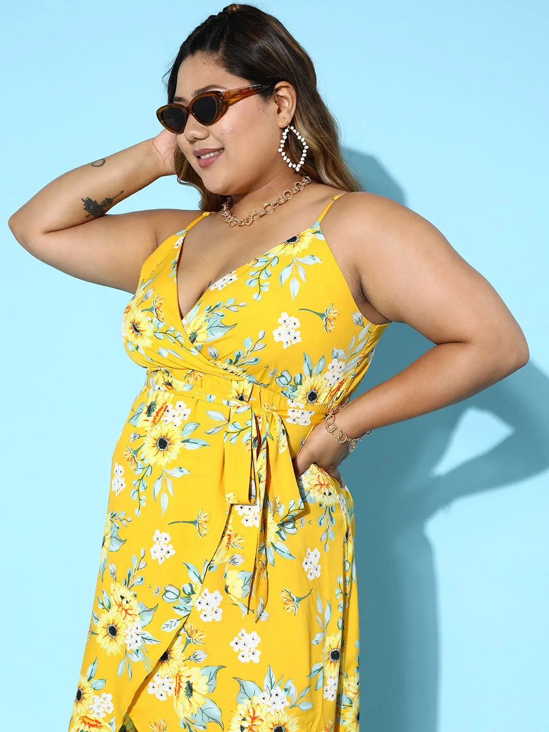 Berrylush Women Plus Size Yellow & White Floral Printed V-Neck Tie-Up Waist High-Low Hem Wrap Midi Dress