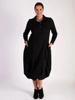 Black Collared Drape Dress with Tuck Detail