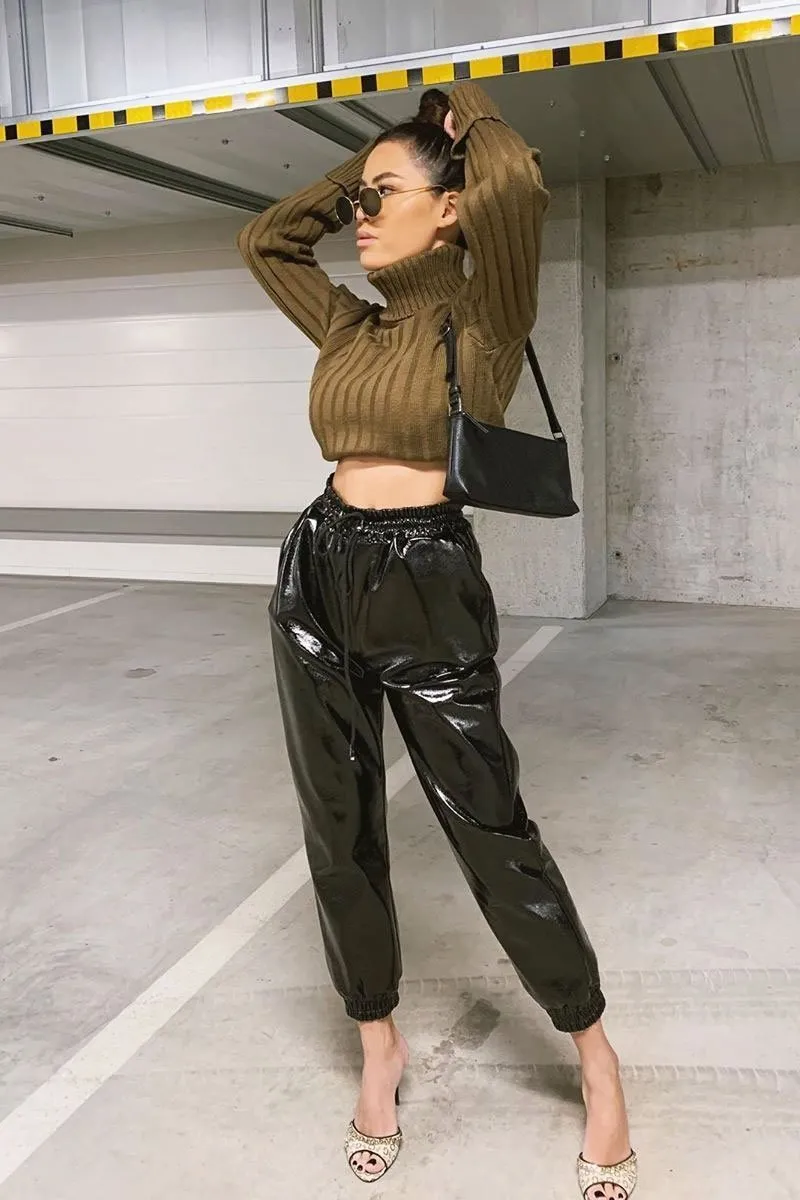 Black High Shine Drawstring Waist Joggers - Faye