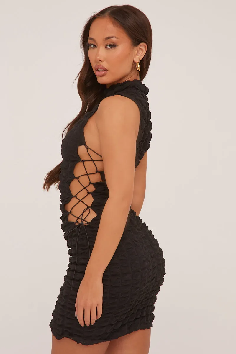 Black Waffle Lace Up Detail Mini Dress - Shreeja