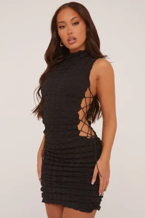 Black Waffle Lace Up Detail Mini Dress - Shreeja