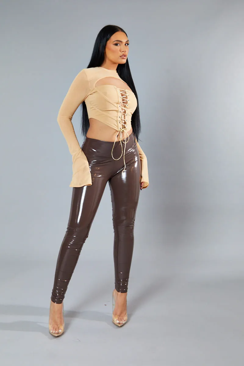 Brown Shiny Vinyl Pu Leggings - Kalai