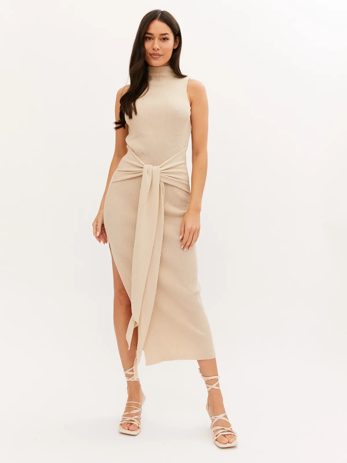 Camilla Knitted Tie Up Dress / Stone