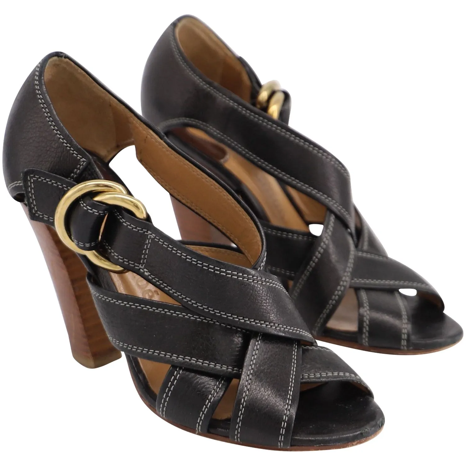 Chloe Crossover Strappy Heels in Black Leather