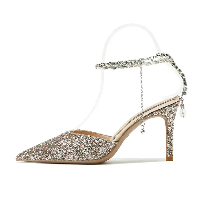 Crystal Chain Pointed Toe Stiletto Sandals