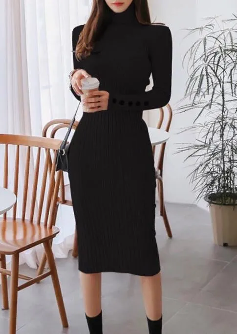 DINA BLACK KNITTED HIGH NECK MIDI DRESS