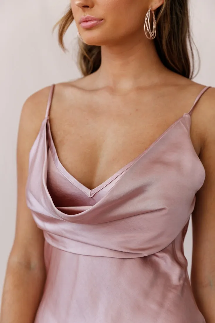 Double Take Draped Bust Midi Dress Rose Gold