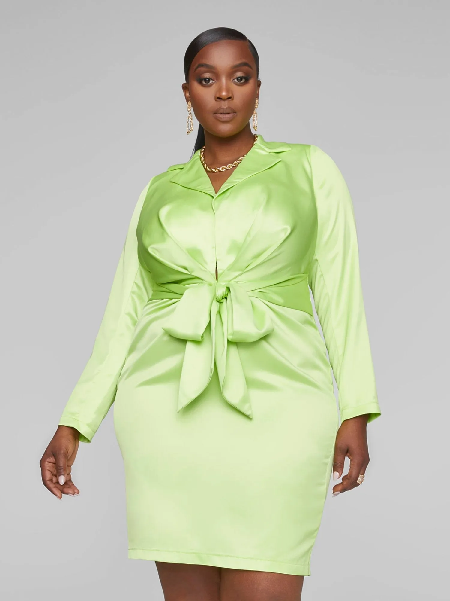 Fashion To Figure - Chloe Tie Front Satin Shirt Dress