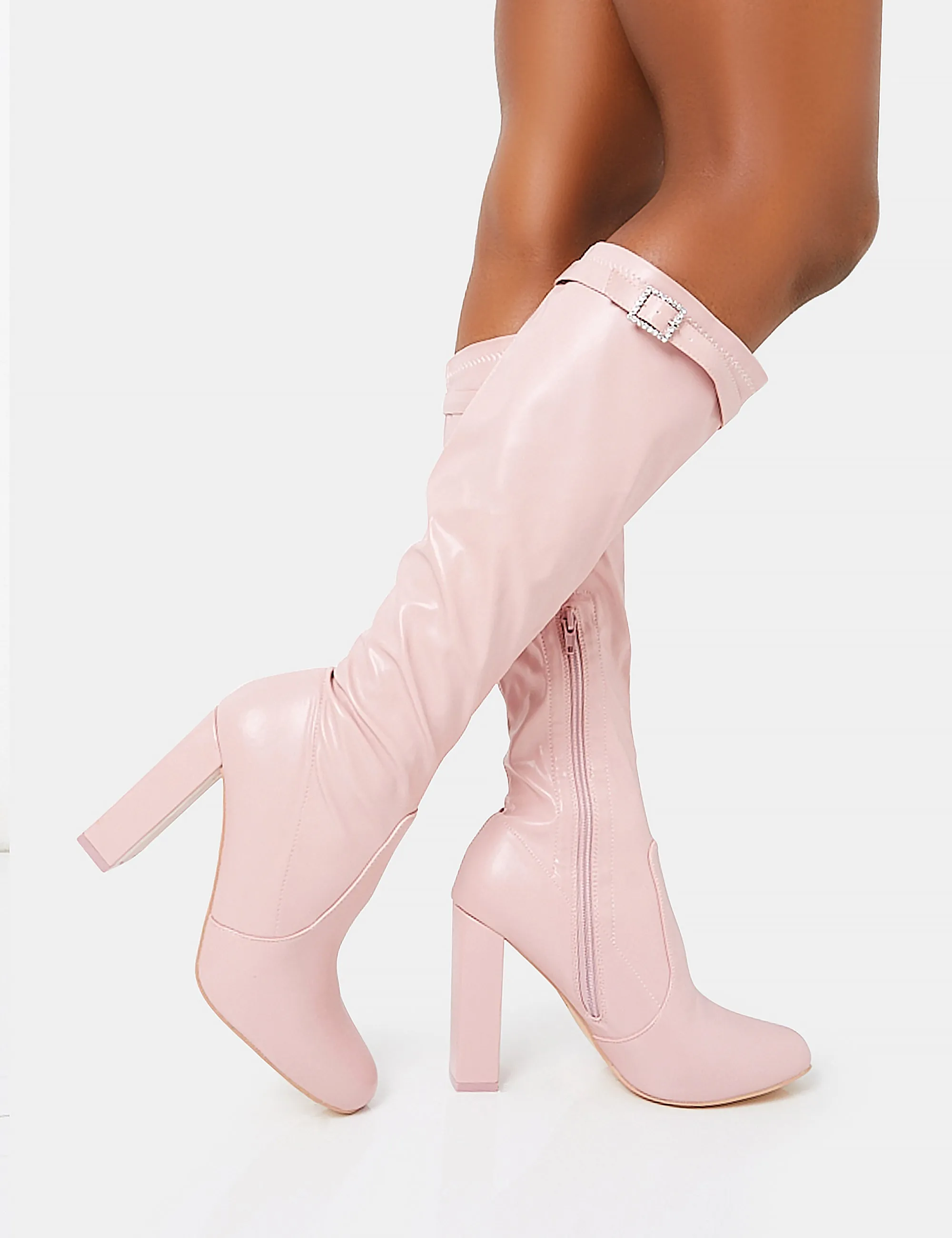 First Class Dusty Pink Buckle Strap Knee High Block Heeled Boots