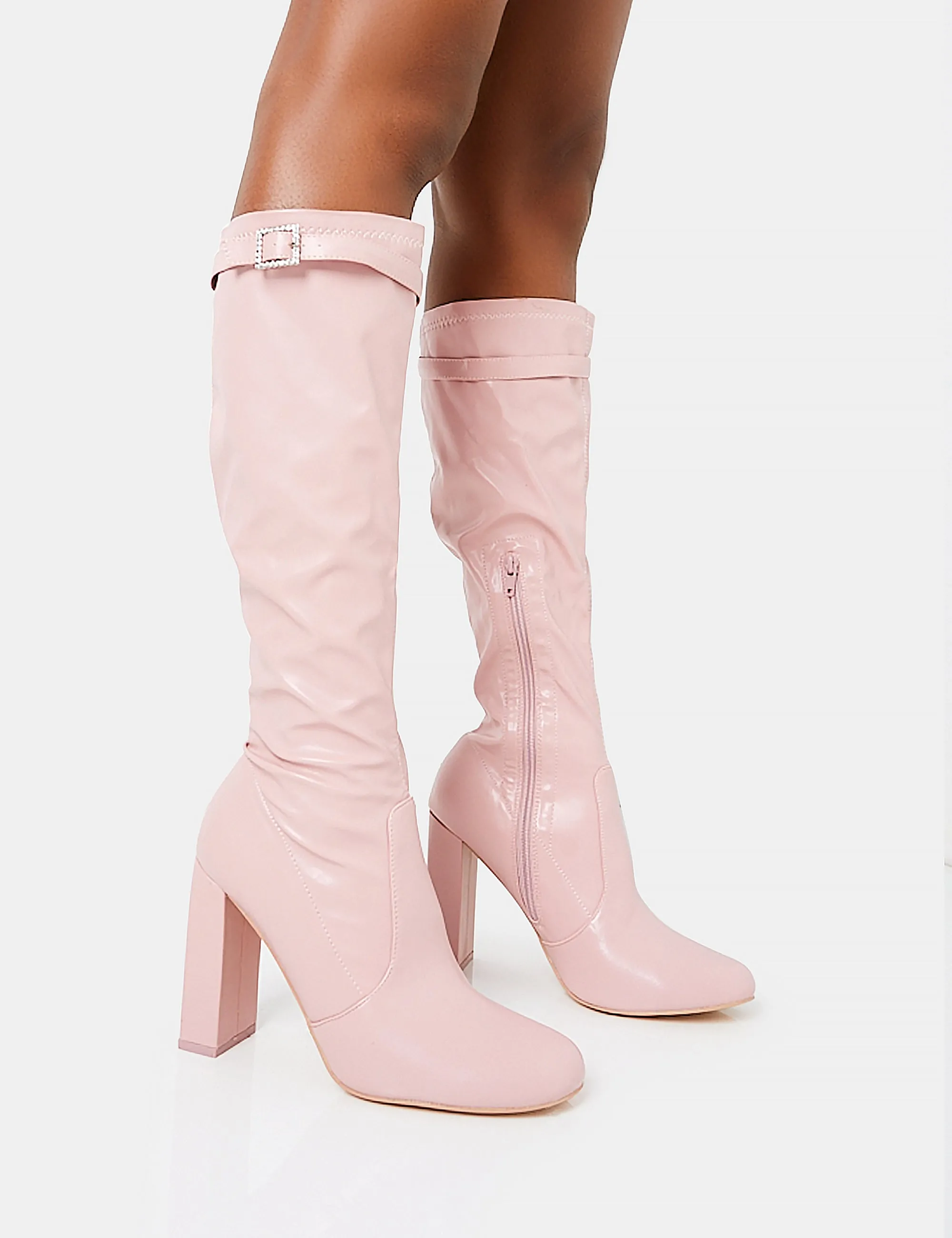 First Class Dusty Pink Buckle Strap Knee High Block Heeled Boots