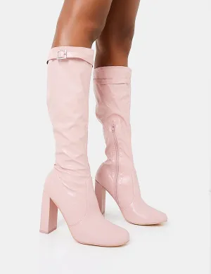 First Class Dusty Pink Buckle Strap Knee High Block Heeled Boots