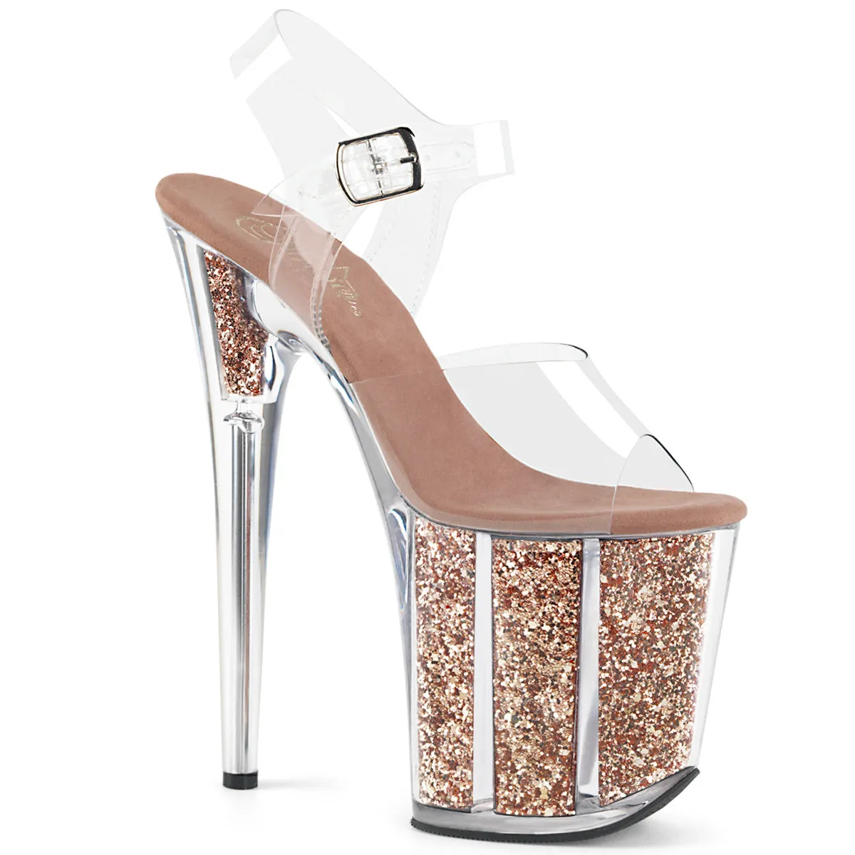 Flamingo-808G Clear / Rose Gold Glitter, 8" Heels