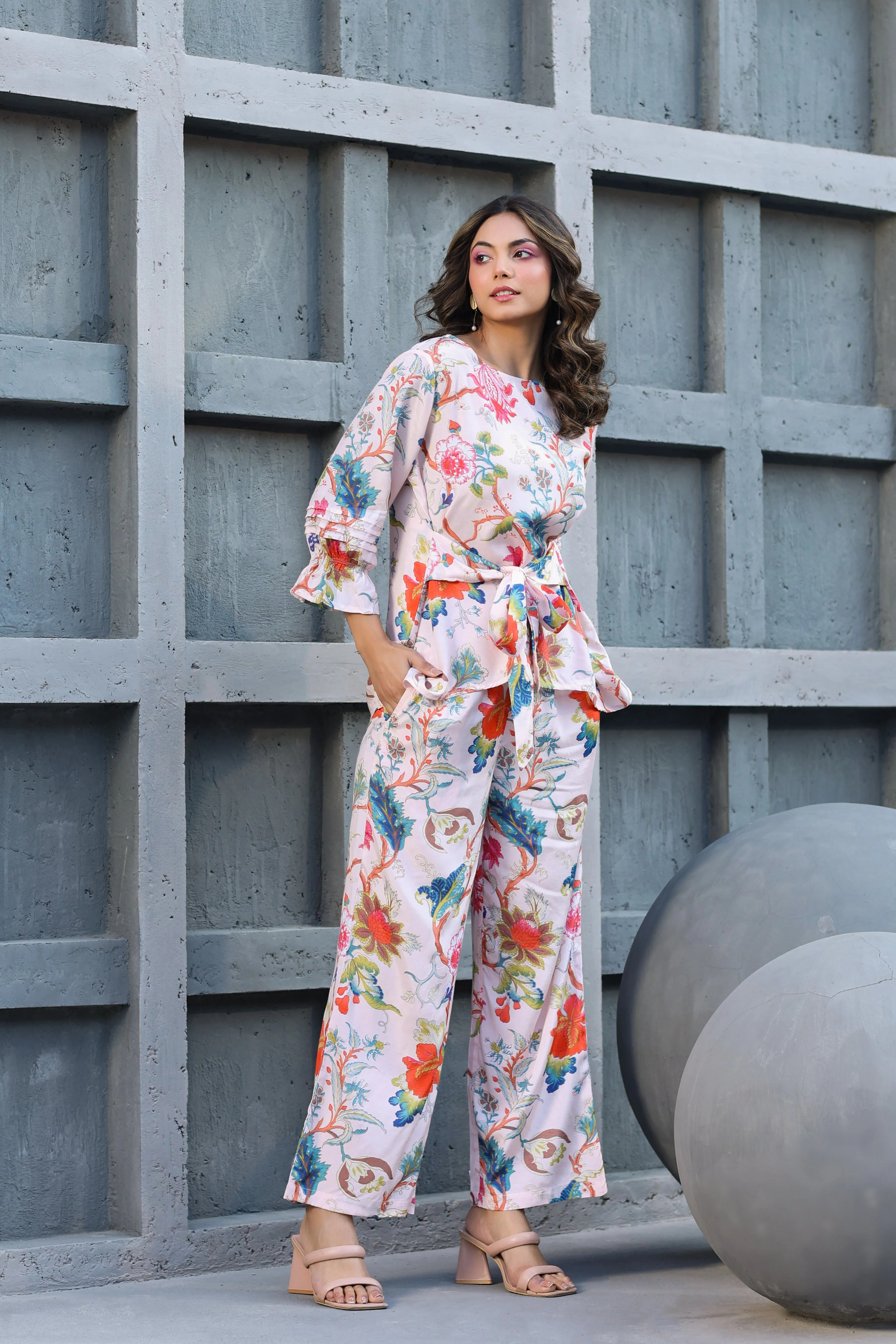 Floral Jaal on Pink Front Tie Silk Co ord set