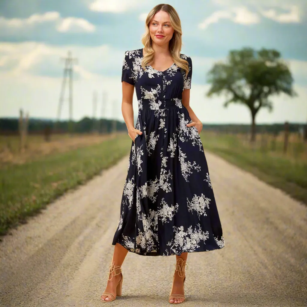 Floral Maxi Dress Button Down Front - Navy