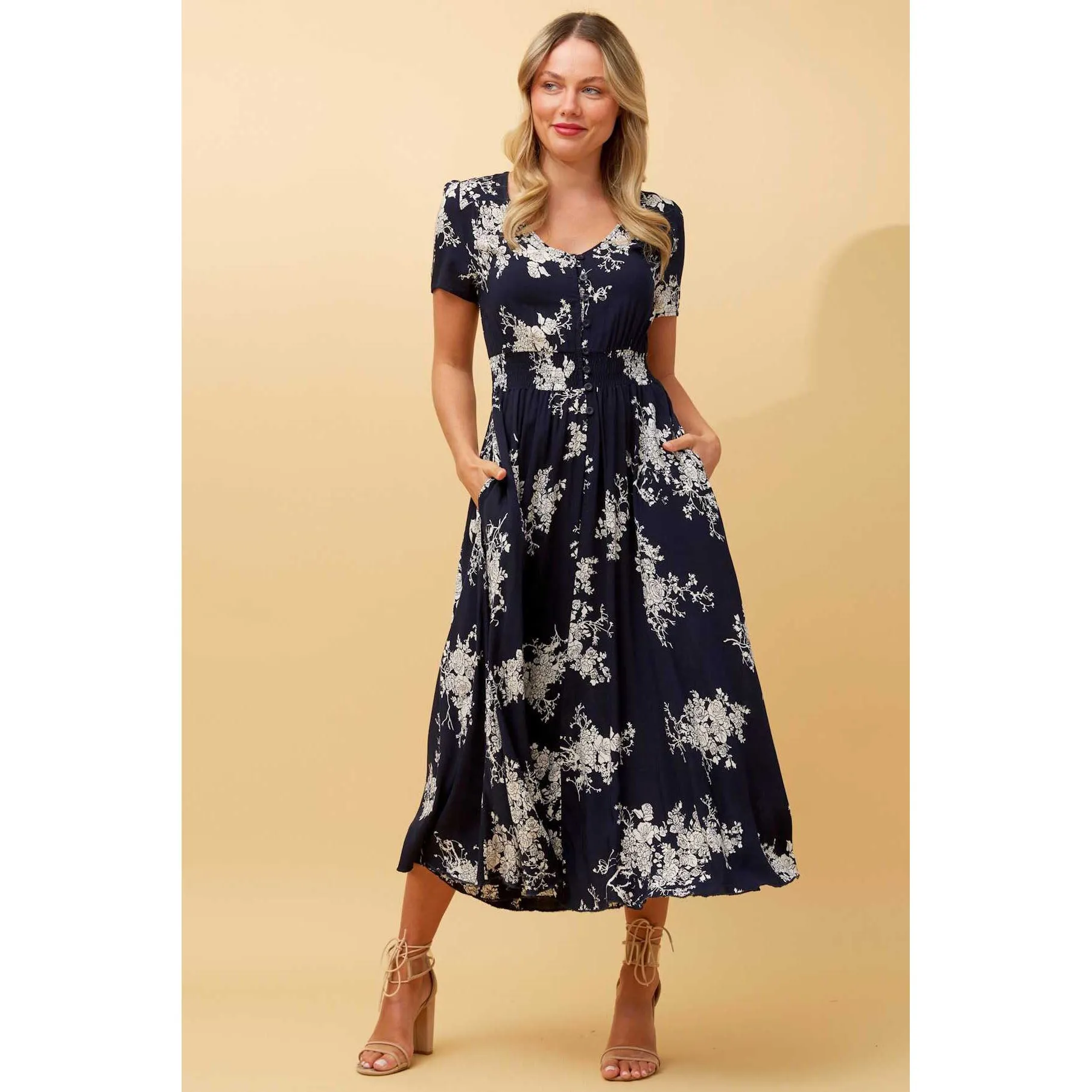 Floral Maxi Dress Button Down Front - Navy