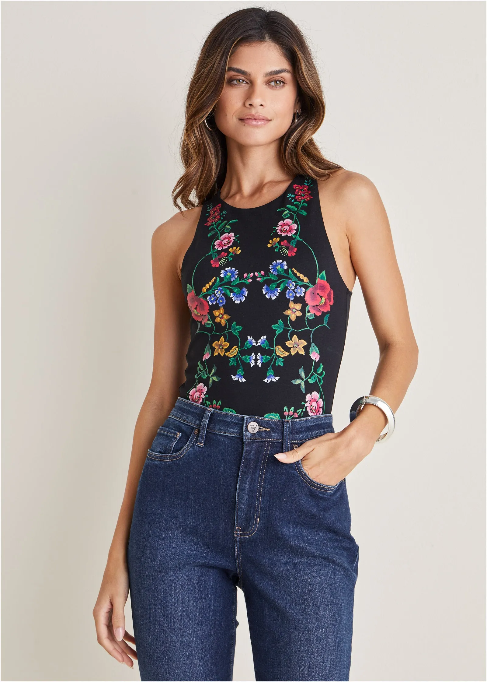 Floral Print Bodysuit - Black