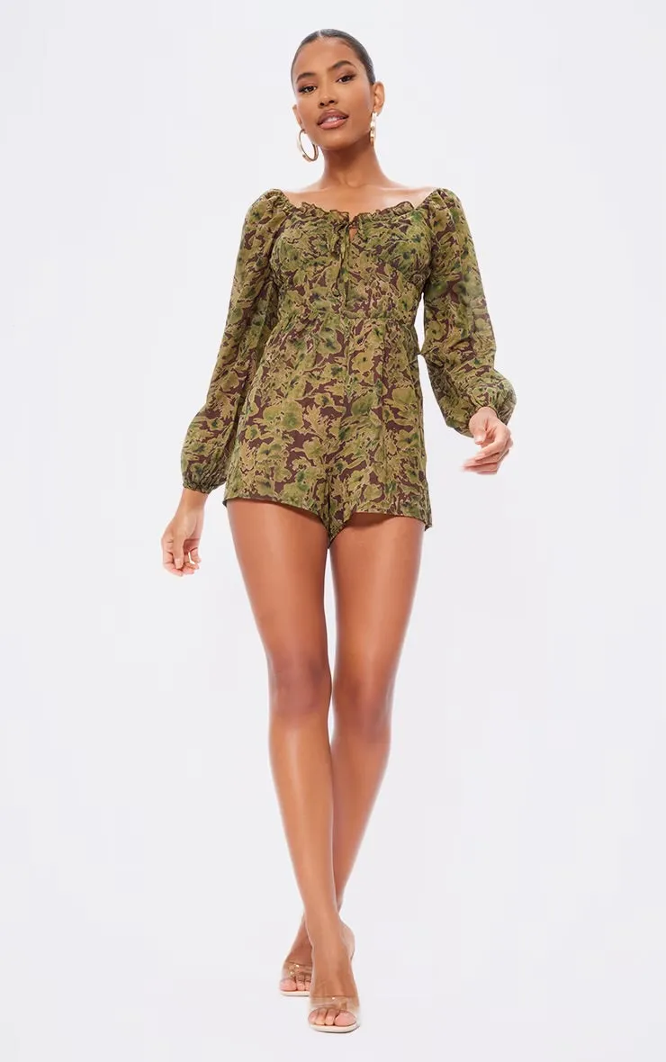 Floral printed tie back cut out playsuit in green