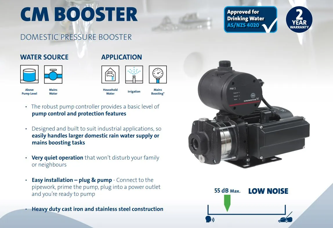 Grundfos CMBooster CMB3-37 0.5kW Fixed Speed Multistage Pressure Pump with PM1 (Max 70LPM/400 kPa)