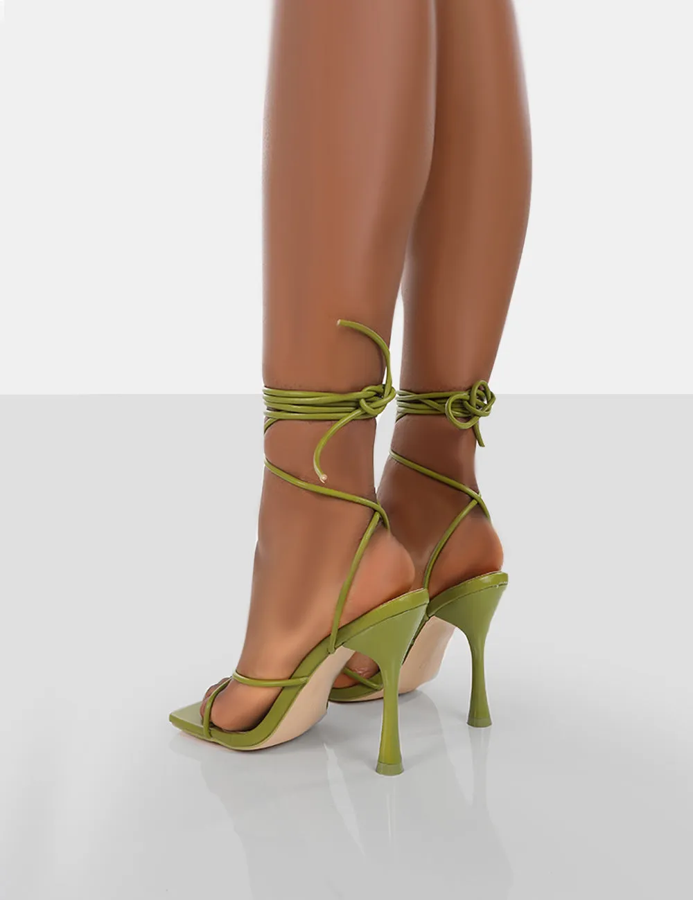 Imogen Olive Croc Square Toe Strappy Lace Up Heels