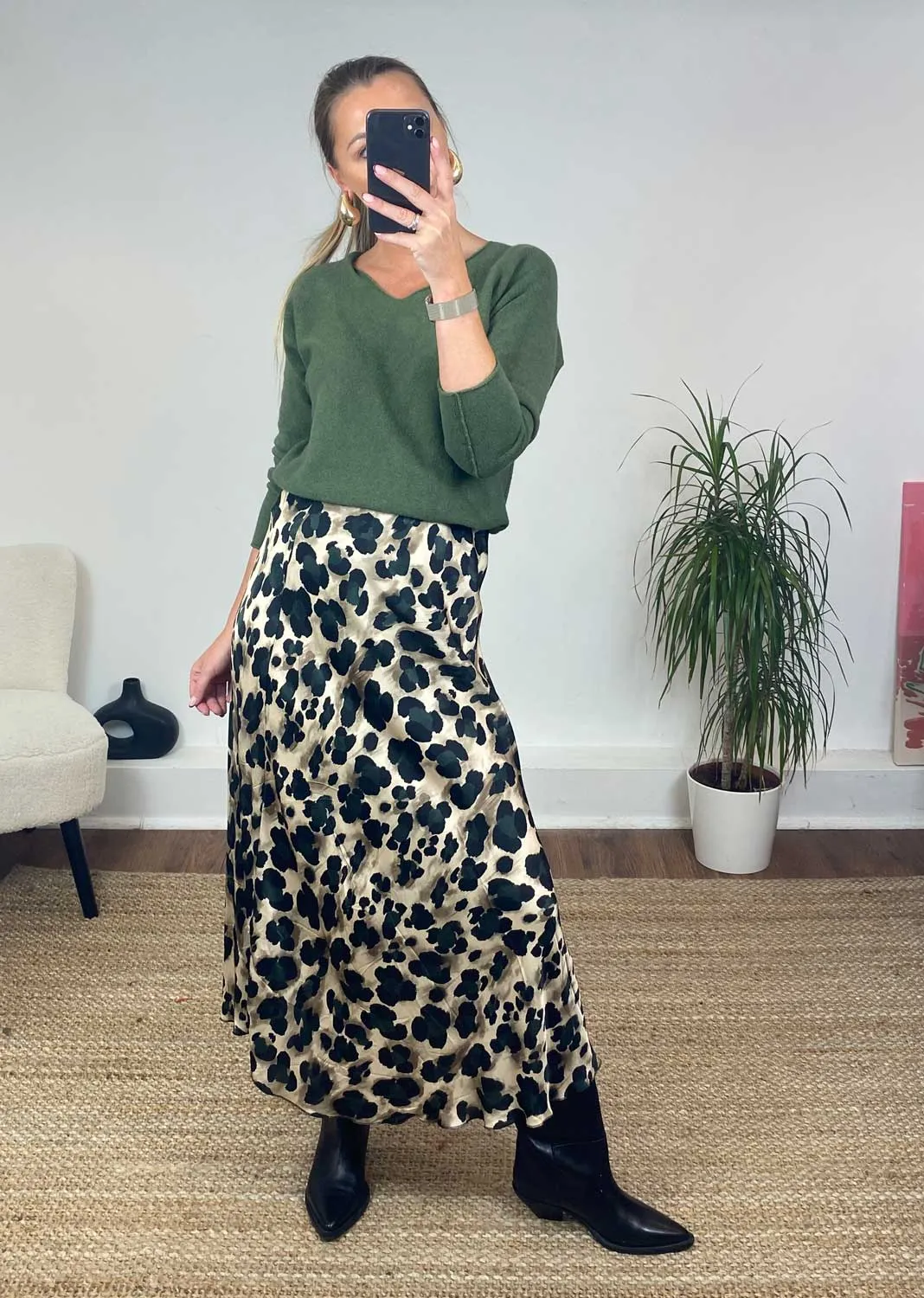 Kyra Silk Leopard Skirt in Slate Grey