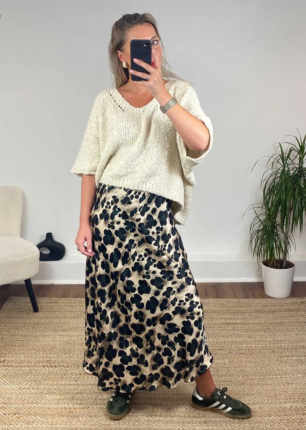 Kyra Silk Leopard Skirt in Slate Grey