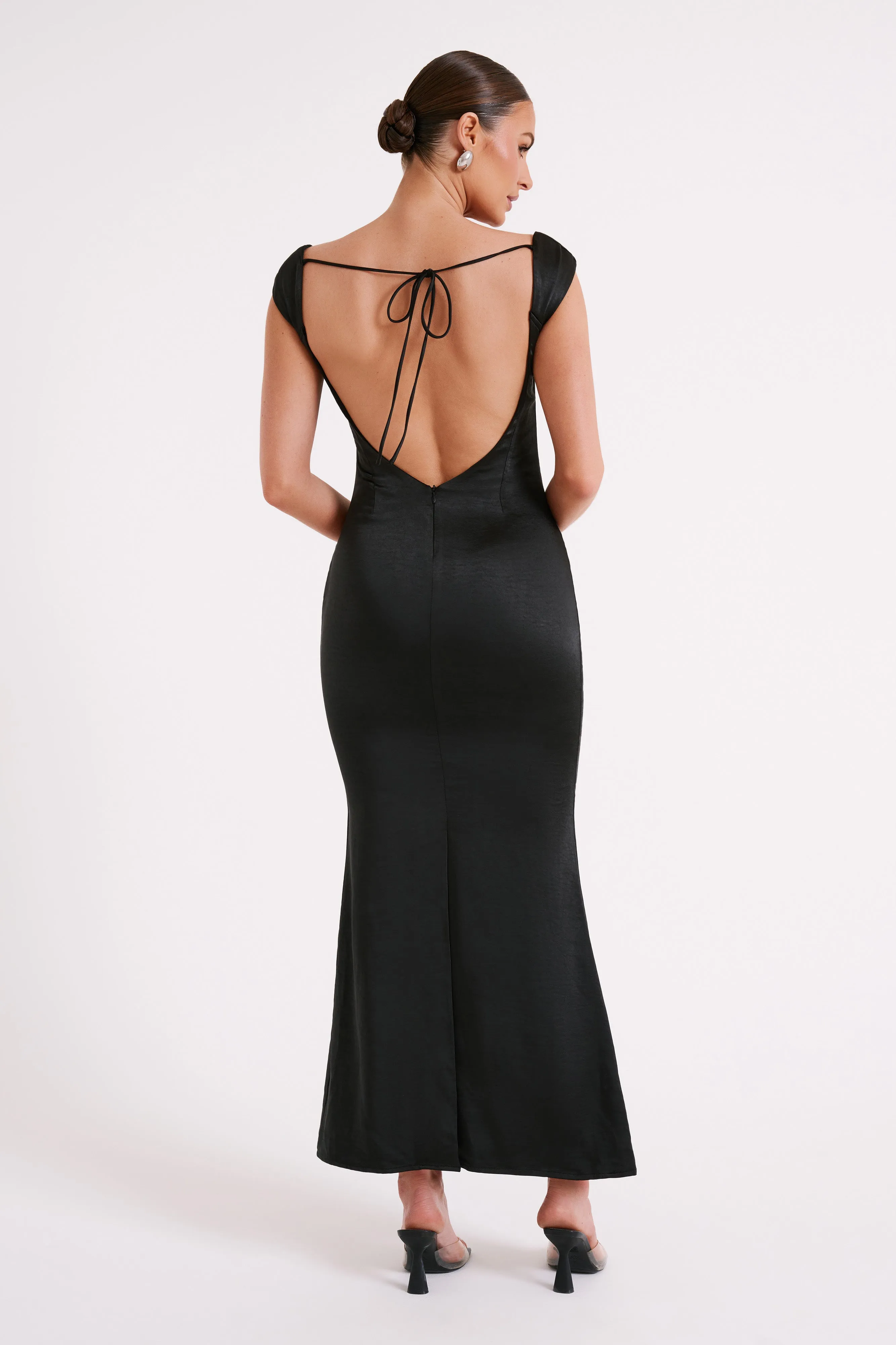 Lacey Backless Satin Maxi Dress - Black