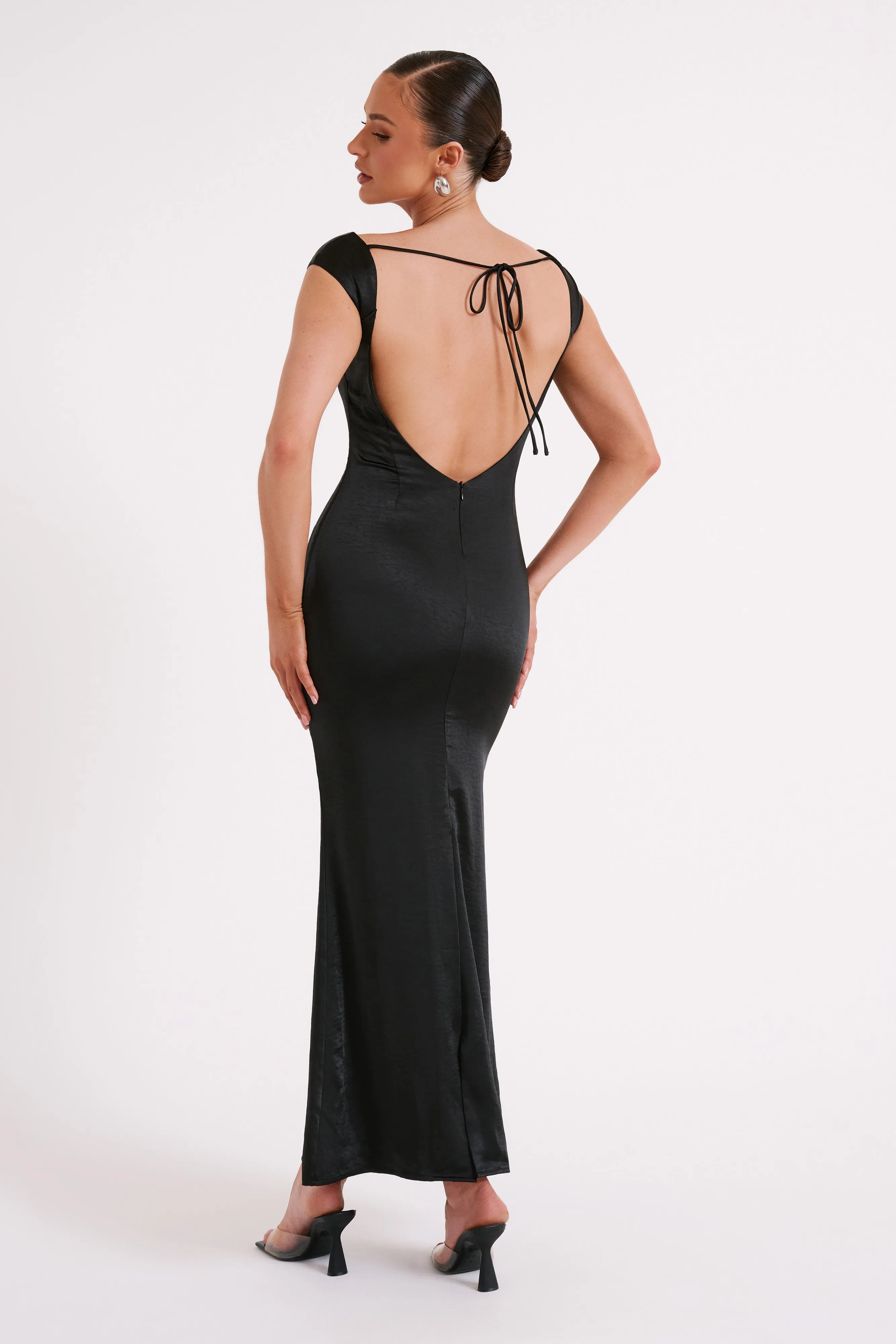 Lacey Backless Satin Maxi Dress - Black