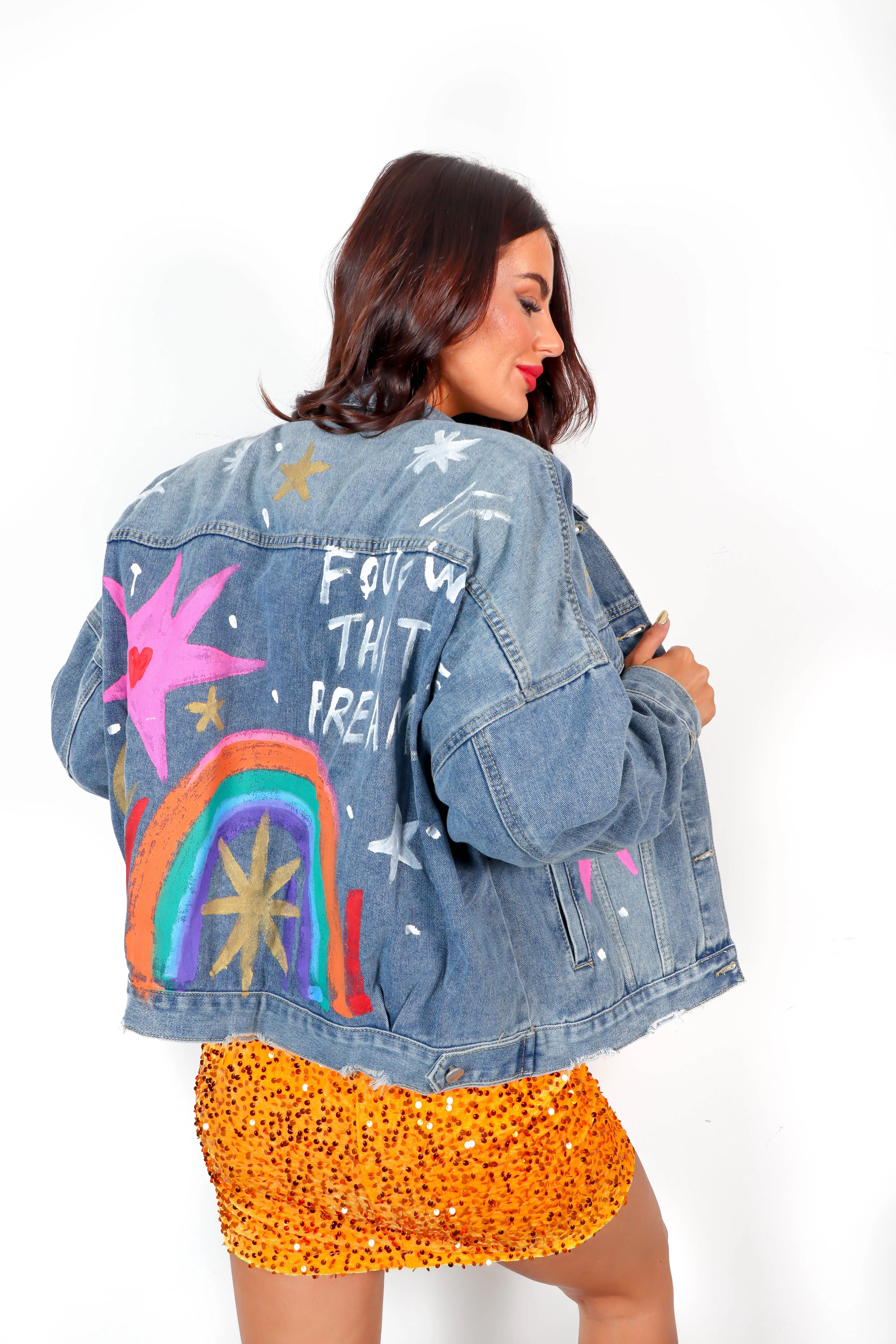 Look On The Bright Side - Light Blue Rainbow Denim Jacket