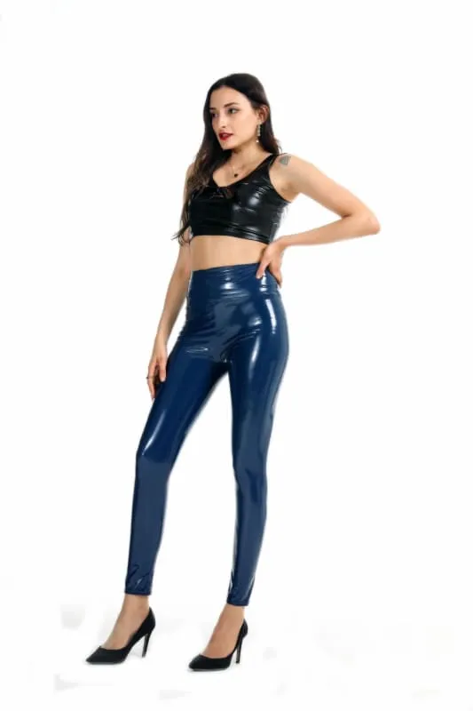 Navy Blue Ladies Faux Leather Skin Tight Leggings