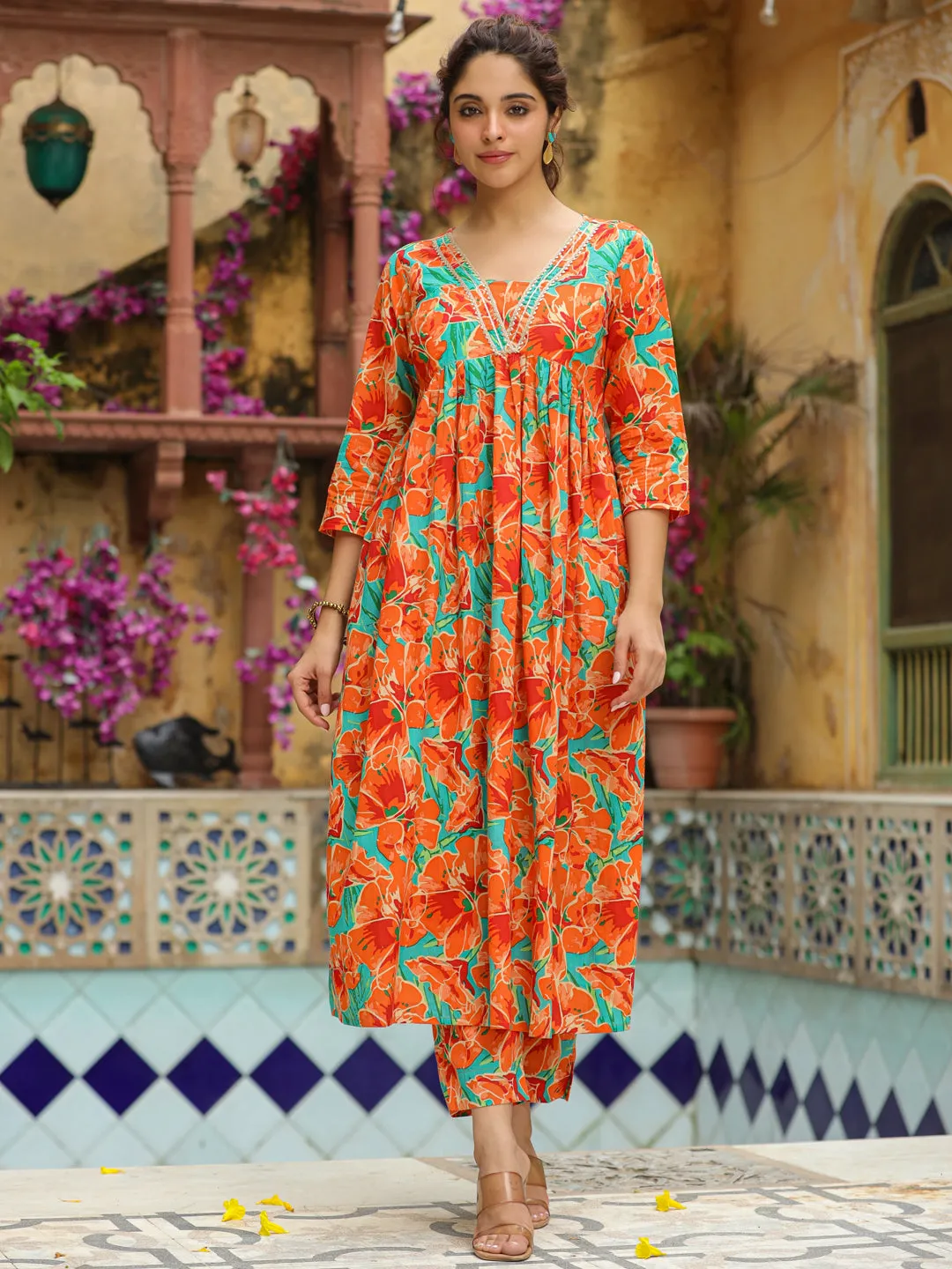 Orange Pure Cotton Floral Printed A-Line Kurta Set