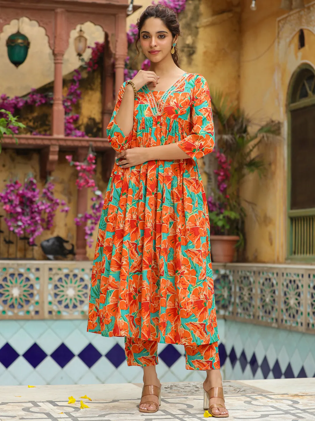 Orange Pure Cotton Floral Printed A-Line Kurta Set