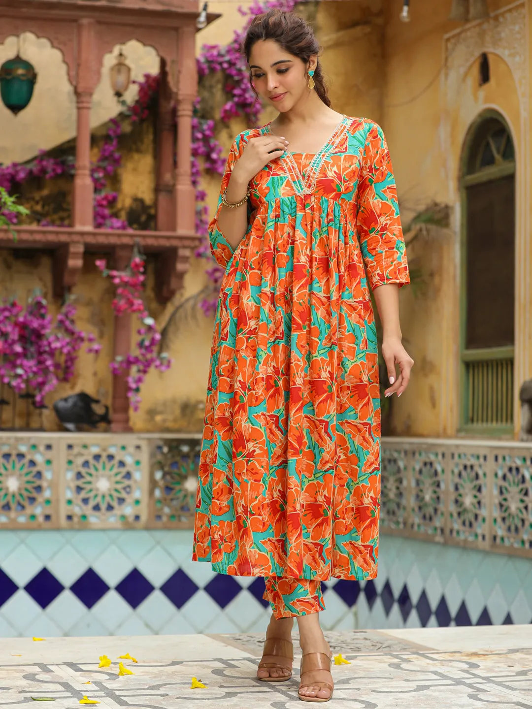 Orange Pure Cotton Floral Printed A-Line Kurta Set