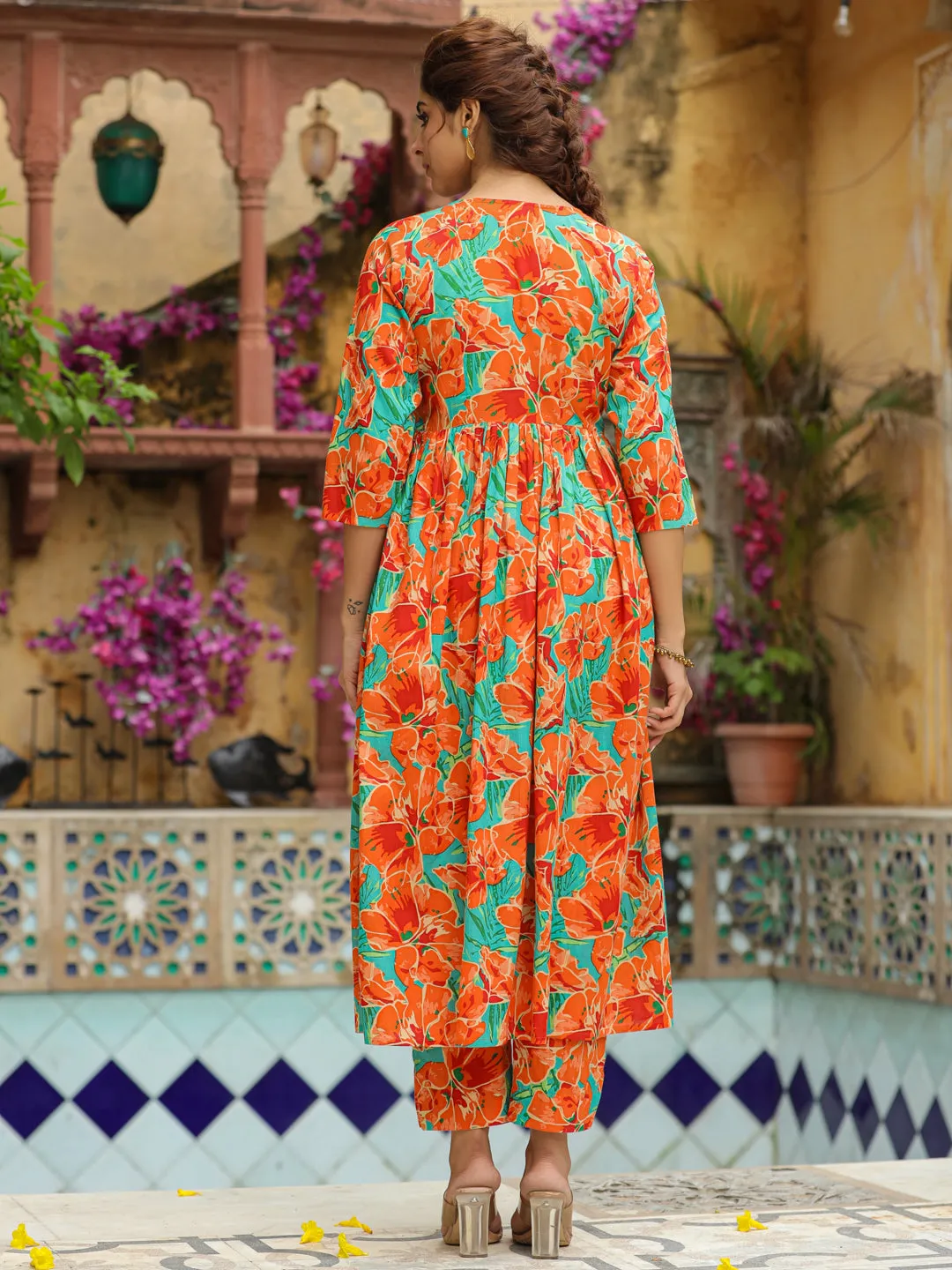 Orange Pure Cotton Floral Printed A-Line Kurta Set