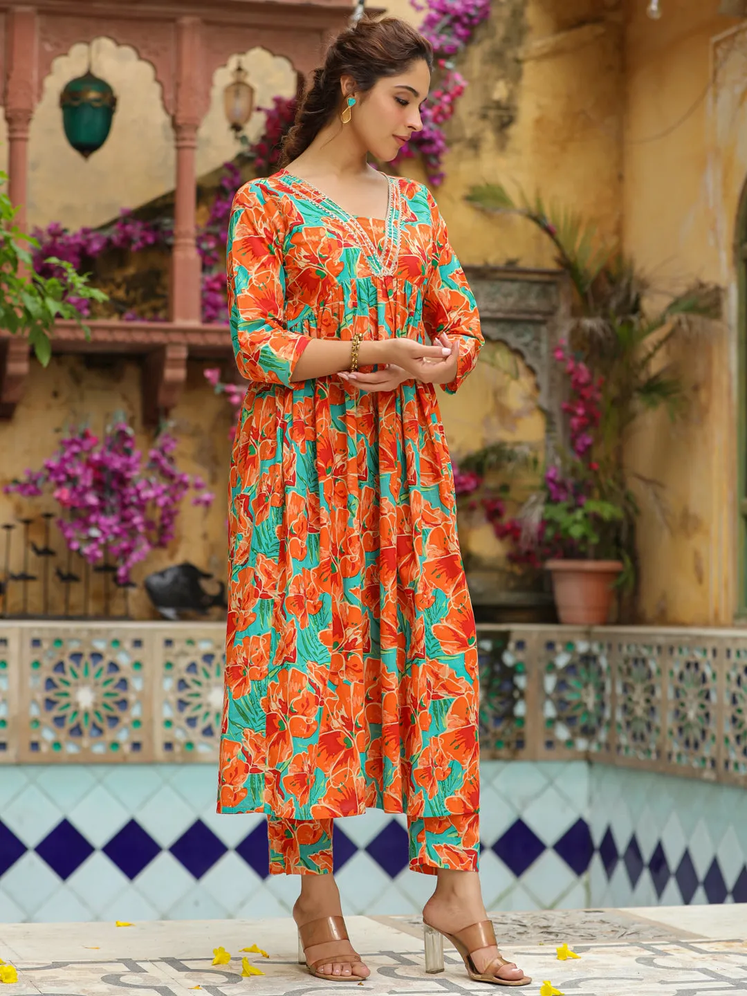 Orange Pure Cotton Floral Printed A-Line Kurta Set