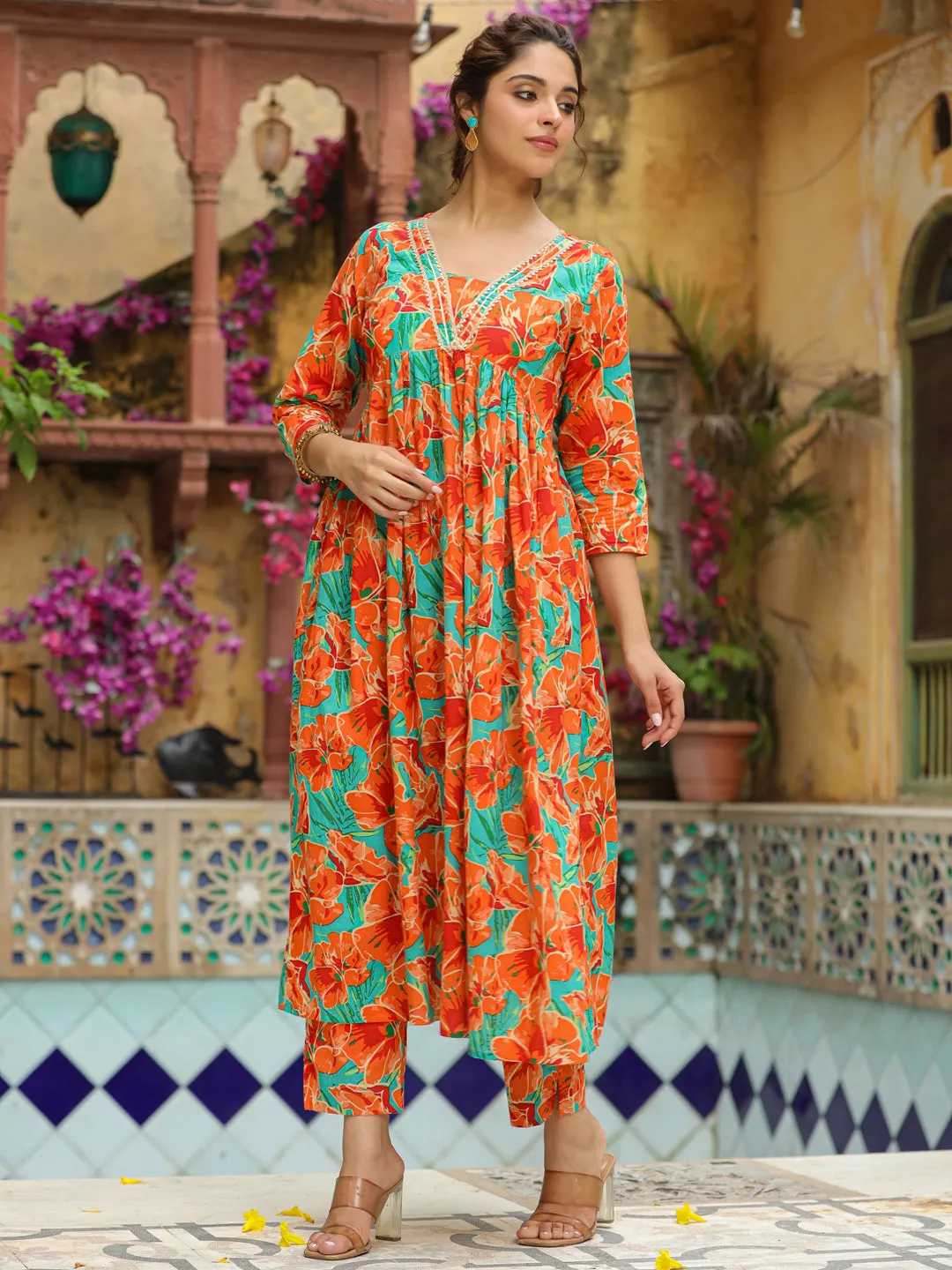 Orange Pure Cotton Floral Printed A-Line Kurta Set