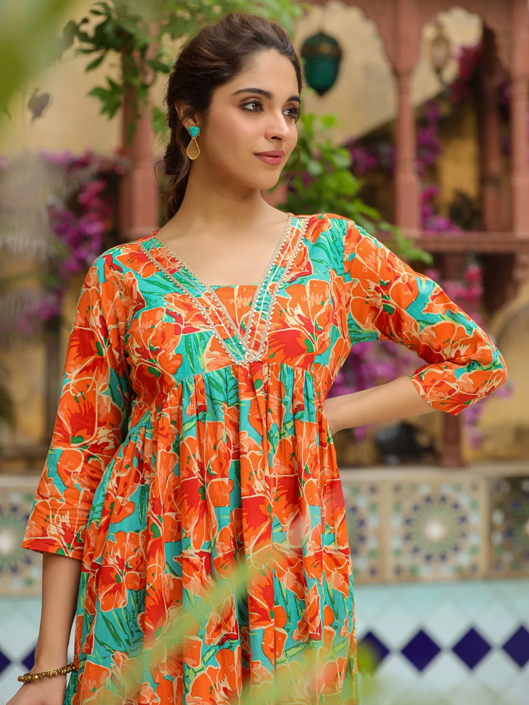 Orange Pure Cotton Floral Printed A-Line Kurta Set