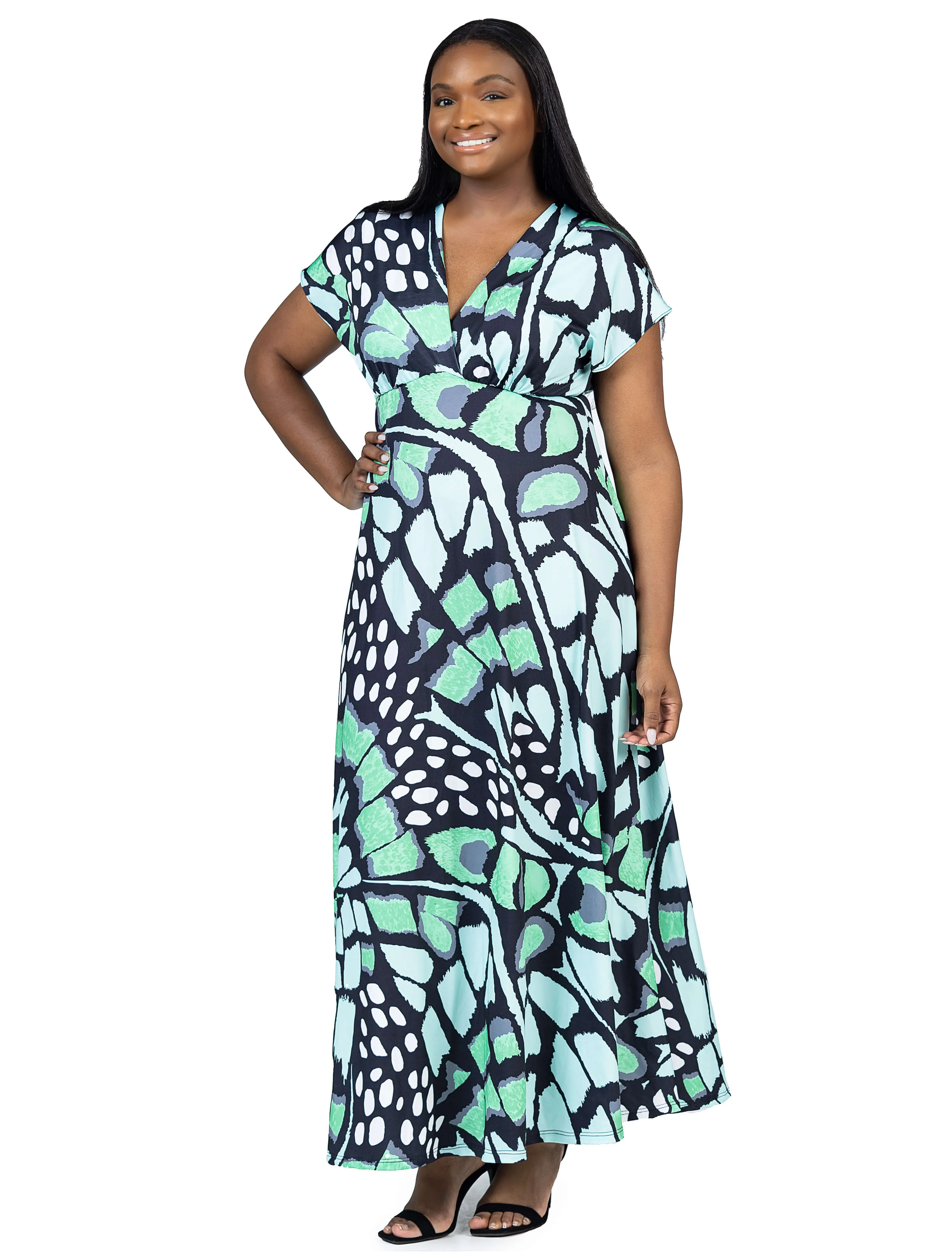 Plus Size Oversized Butterfly Print V Neck Empire Waist Kimono Cap Sleeve Maxi Dress