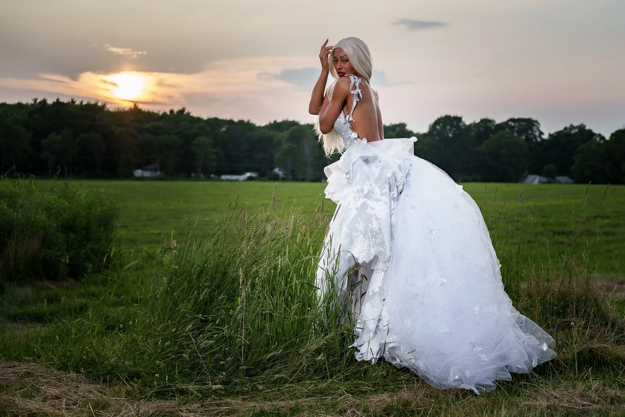 "DUCHESS MARILYN" White & Silver Embroidered Organza Crystal Wedding Ballgown Set