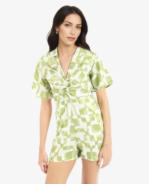 Rareism Women Padua Light Green Bishop Sleeve V-Neck  Mini Geometric Print Play Suit