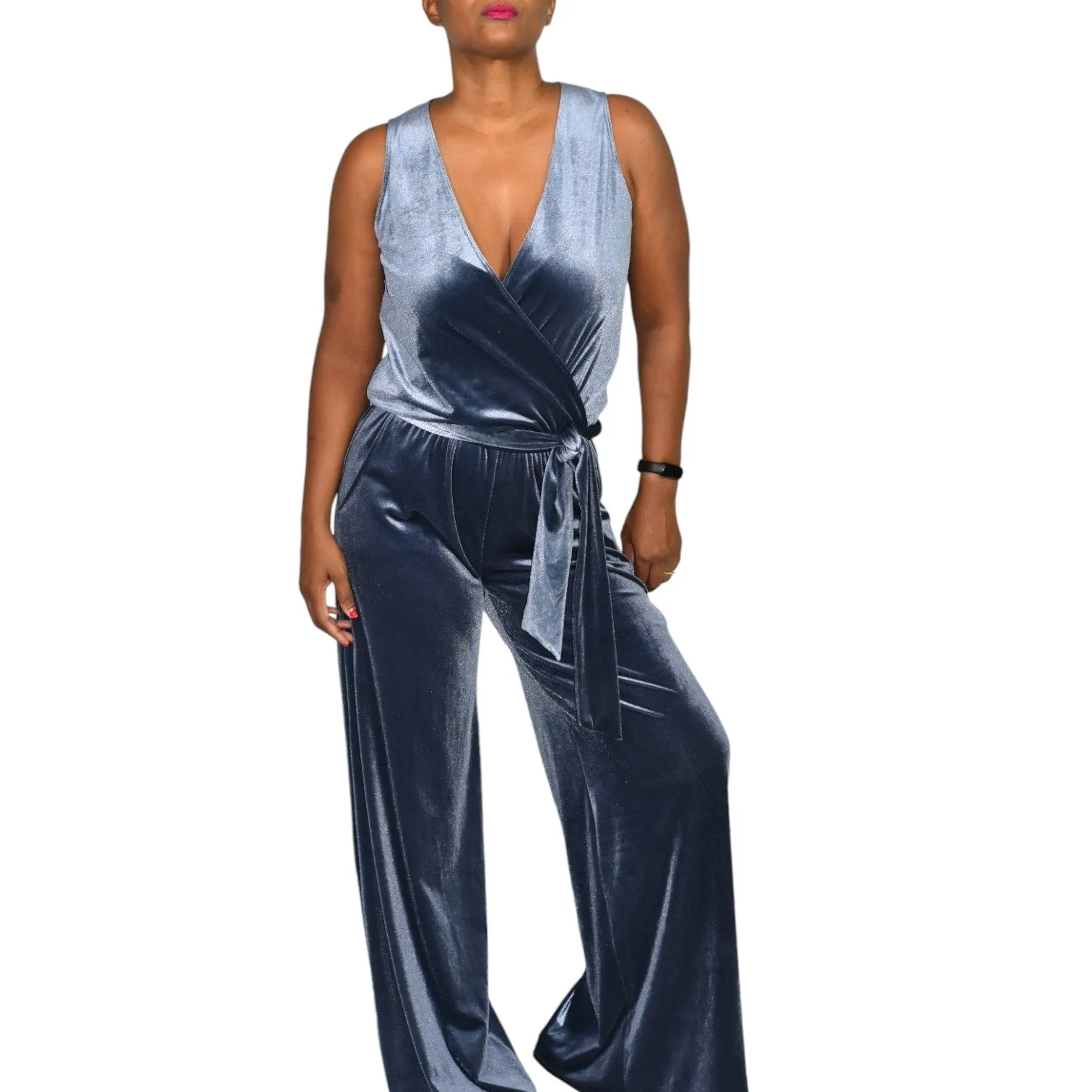 Samantha Dru Kasie Flare Jumpsuit Blue Wrap Front Belt Velour Velvet Wide Leg Pantsuit Size Small