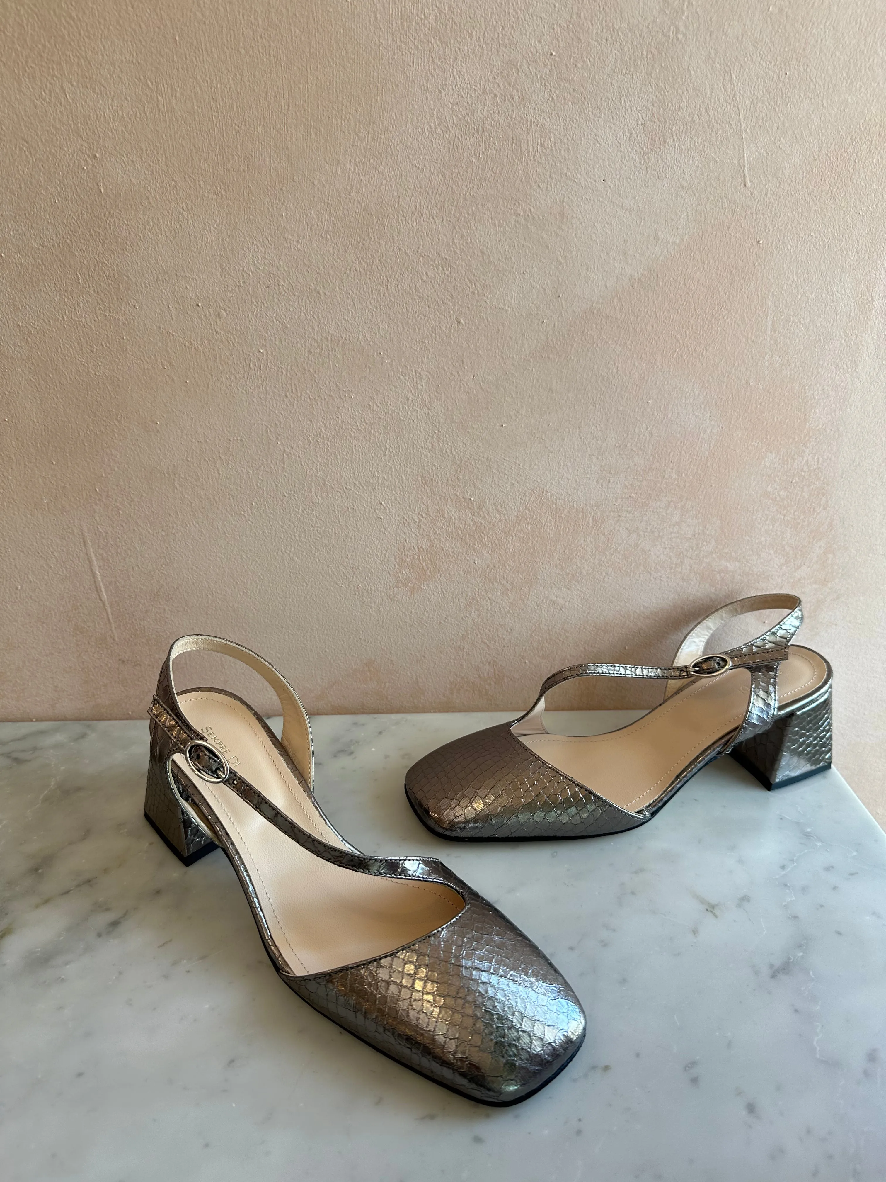 Sempre Di - Block Heel Mary Jane Silver Viper